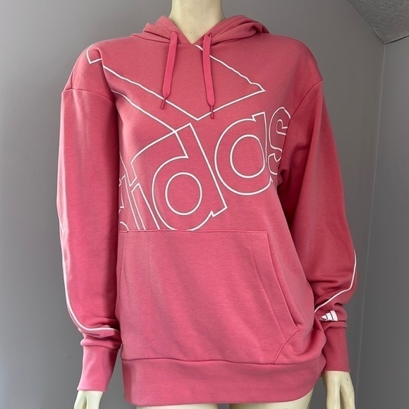 ADIDAS Women’s Giant Logo Hoodie Graphic Sweatshirt Pink White M - Picture 1 of 16